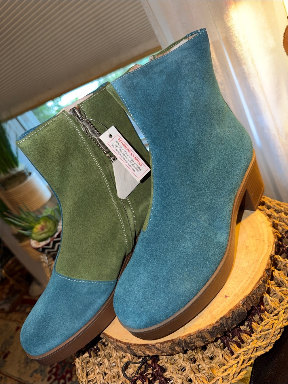Suede Two-Tone Green & Teal Ankle Boots